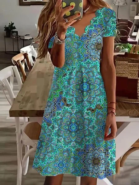 Women's Paisley V Neck Loosen Short Sleeve Knit Dress AT10085 Summer Skater Skirt