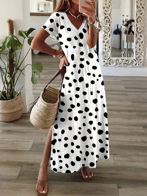 Polka Dots Short Sleeve V Neck Casual Dress  QA50 Mini Skirt Classic