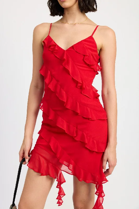 Sleeveless Ruffle Mini Dress, Red Soft Pleated Skirt