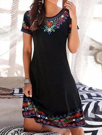 Women's Tribal Crew Neck Casual Short Sleeve Knit Dress EE36 Skater Mini Skirt